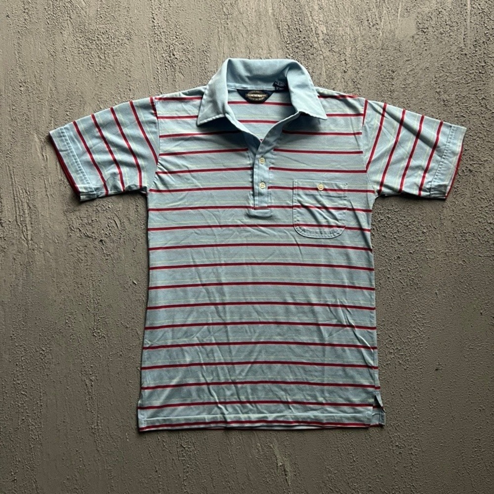 Vintage Towncraft Polo Shirt Small Blue 1970s Striped Pocket Short‎ Sleeve